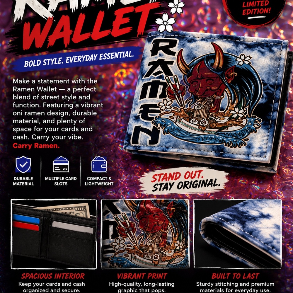 Ramen Oni Anime Wallet | Japanese Streetwear Bifold Wallet | Blue Graphic Desig